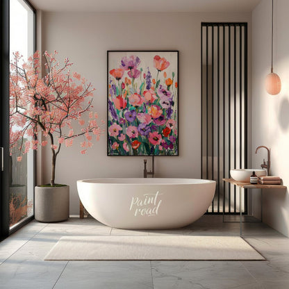 This vibrant art is a vibrant and joyful celebration of color and nature. A field of stylized poppi… for bathroom