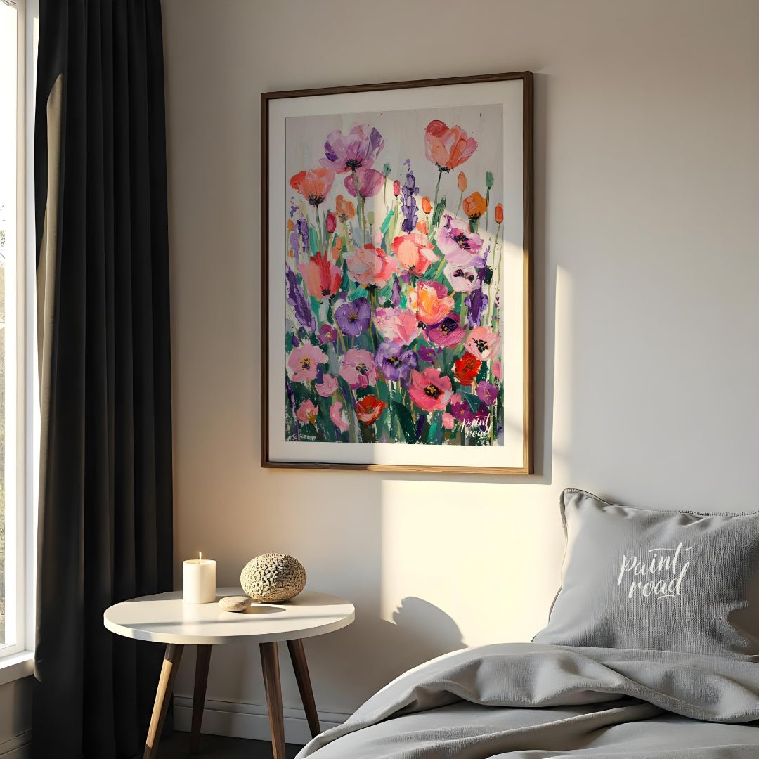 This vibrant art is a vibrant and joyful celebration of color and nature. A field of stylized poppi… for bedroom