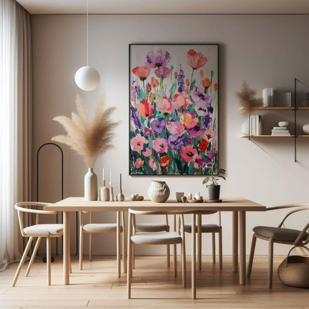 This vibrant art is a vibrant and joyful celebration of color and nature. A field of stylized poppi… for dining room