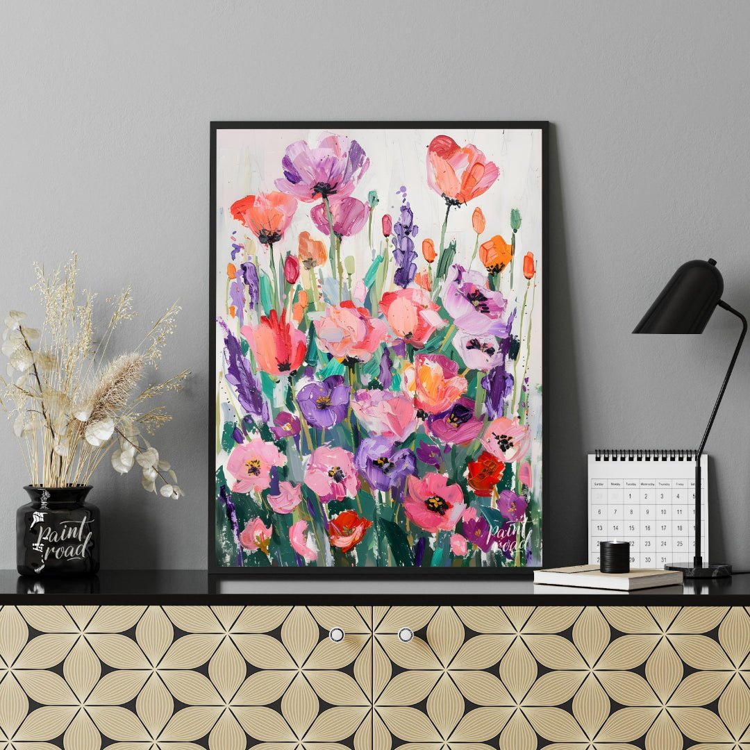 This vibrant art is a vibrant and joyful celebration of color and nature. A field of stylized poppi… for living room