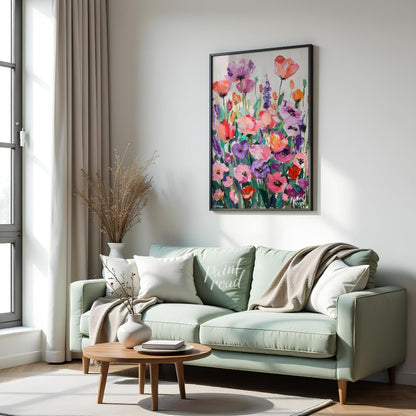 This vibrant art is a vibrant and joyful celebration of color and nature. A field of stylized poppi… for living room