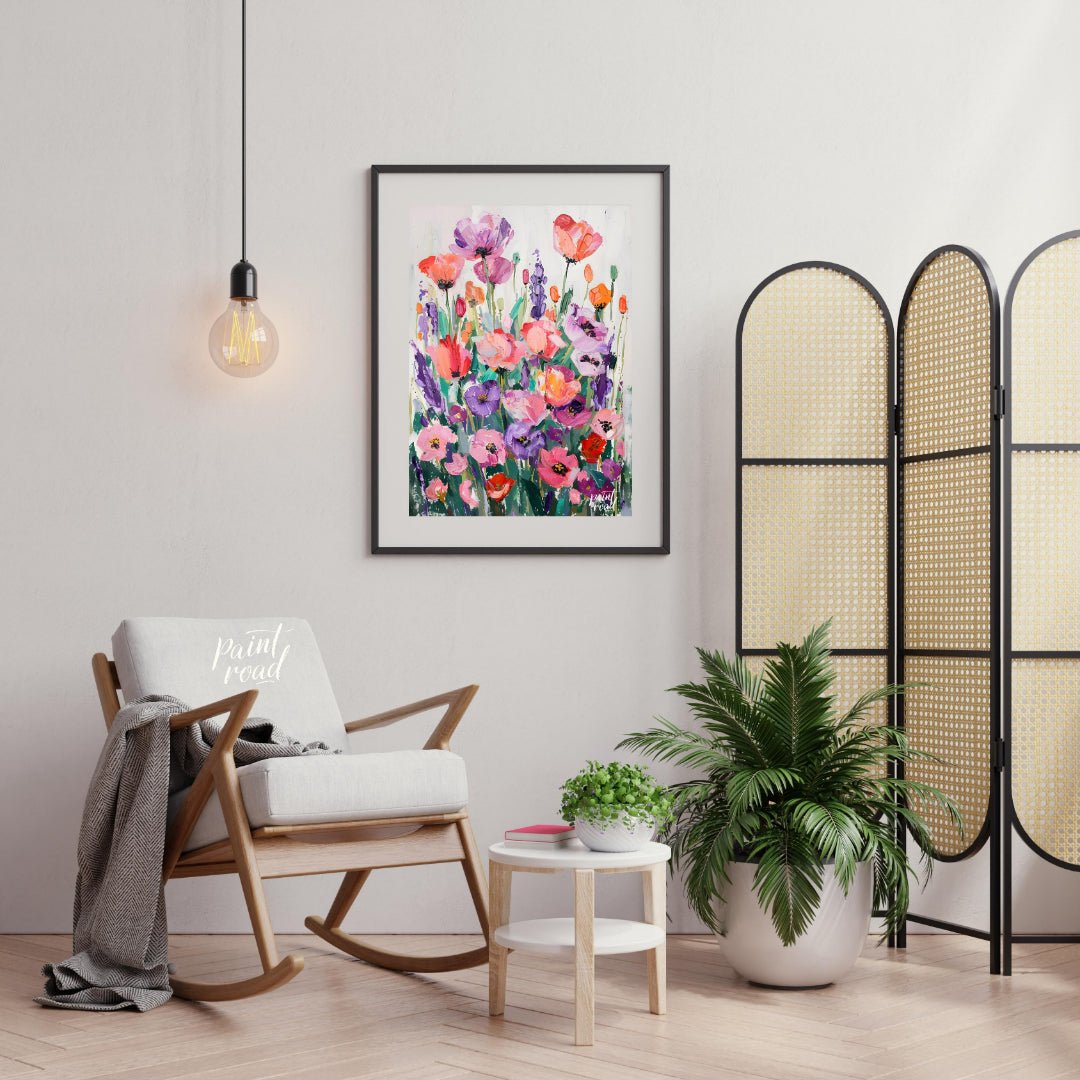 This vibrant art is a vibrant and joyful celebration of color and nature. A field of stylized poppi… for living room