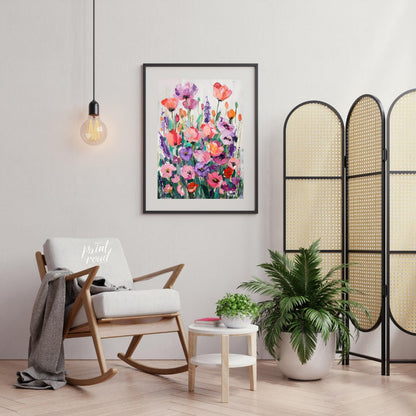 This vibrant art is a vibrant and joyful celebration of color and nature. A field of stylized poppi… for living room