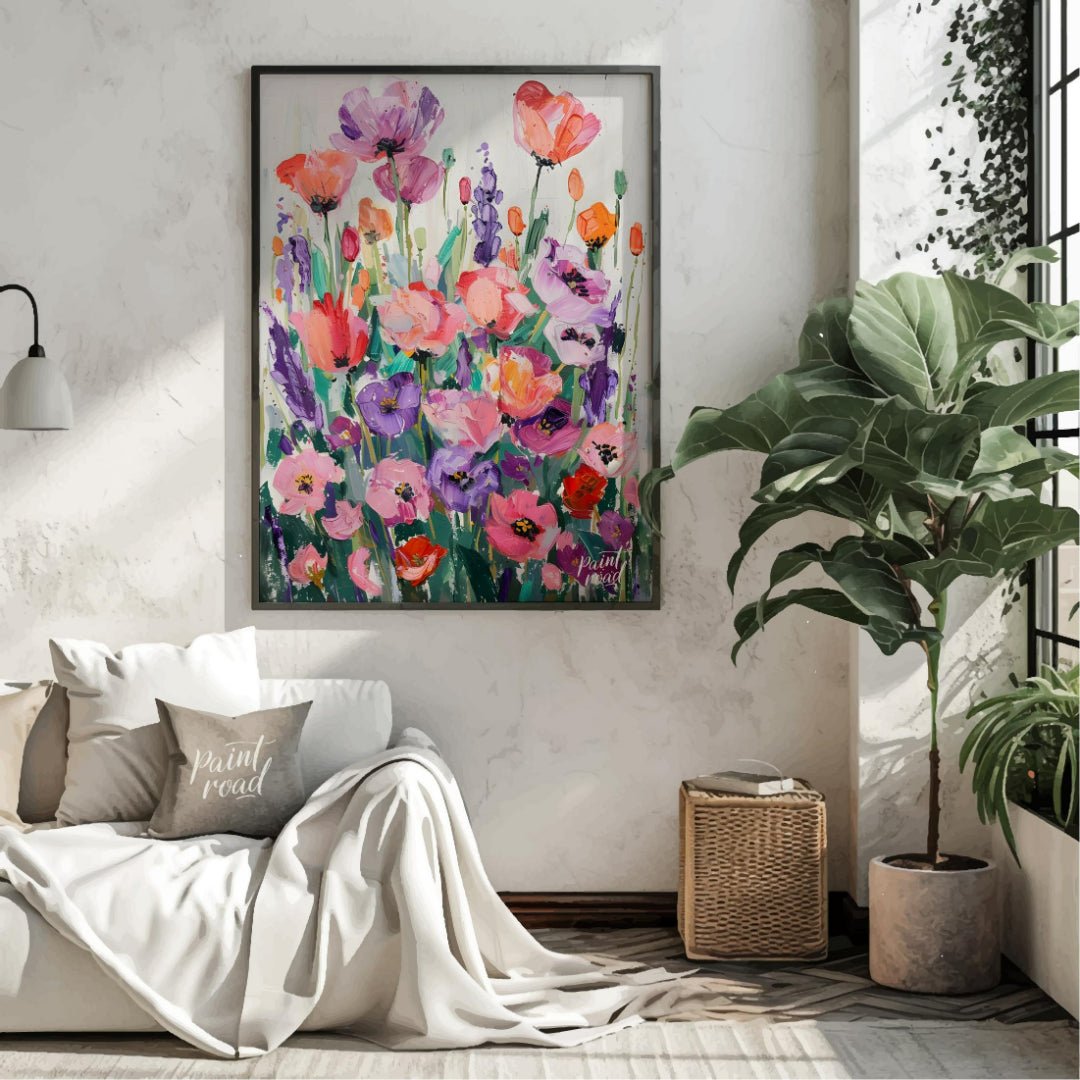 This vibrant art is a vibrant and joyful celebration of color and nature. A field of stylized poppi… for living room