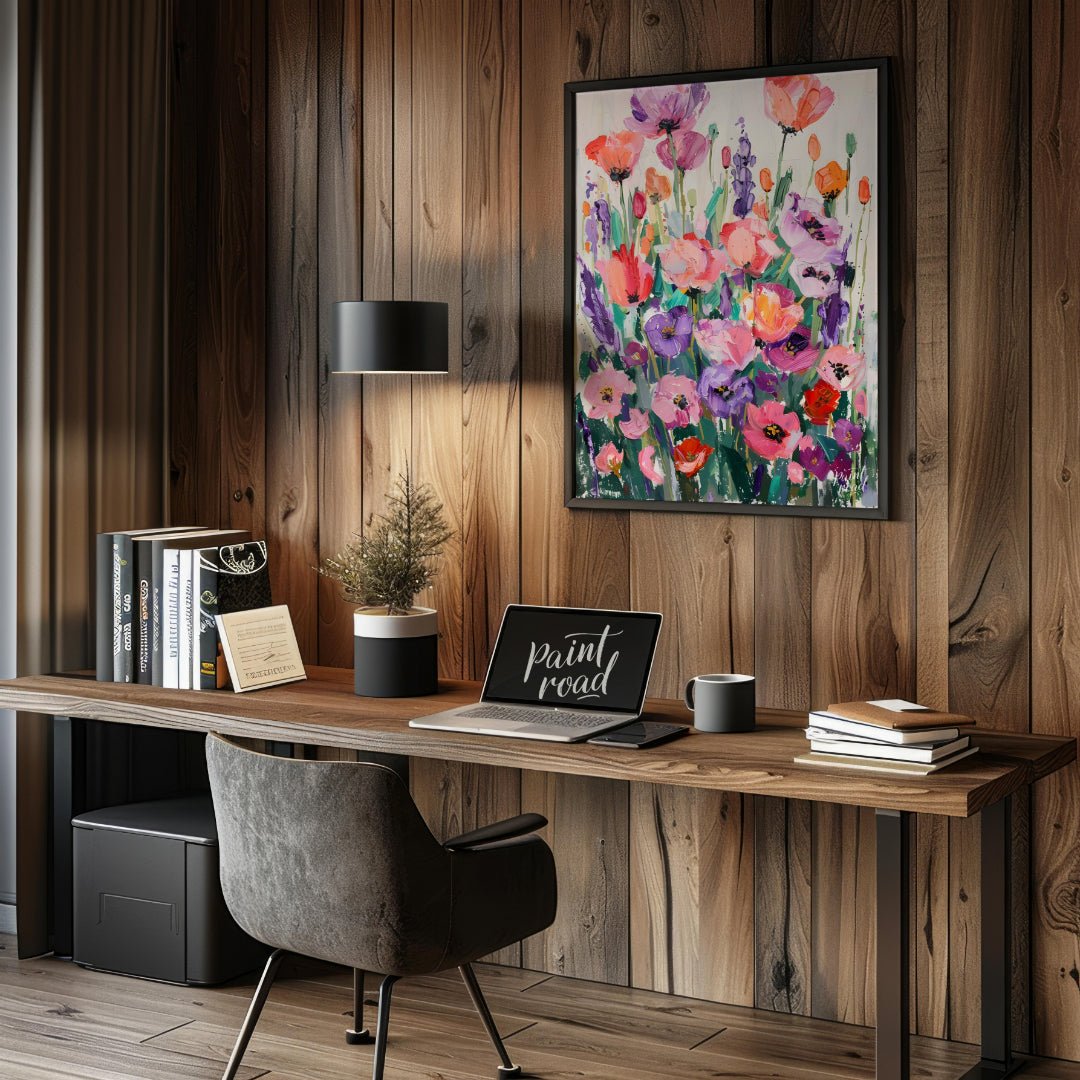 This vibrant art is a vibrant and joyful celebration of color and nature. A field of stylized poppi… for office