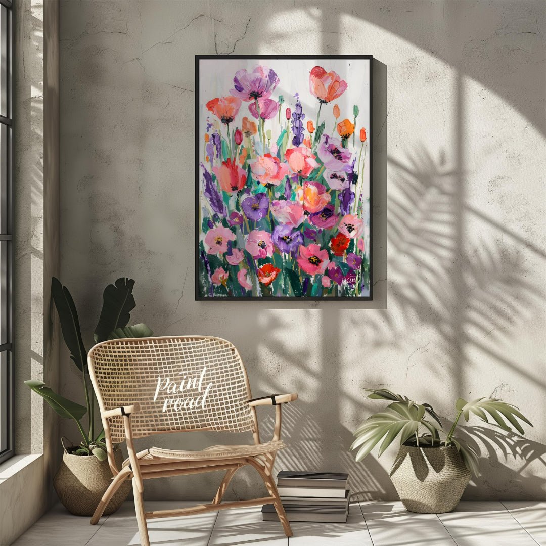 This vibrant art is a vibrant and joyful celebration of color and nature. A field of stylized poppi… for other