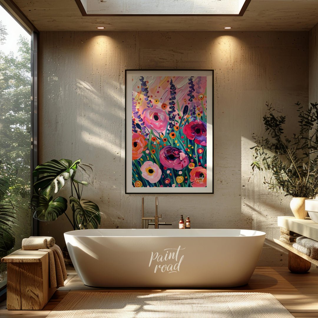 This vibrant art captures a vibrant field of poppies in full bloom. Bold brushstrokes and a rich co… for bathroom