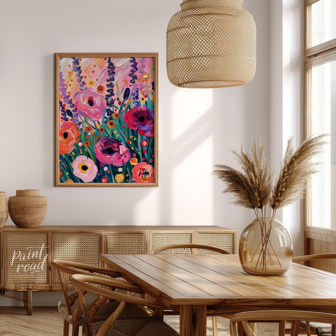 This vibrant art captures a vibrant field of poppies in full bloom. Bold brushstrokes and a rich co… for dining room