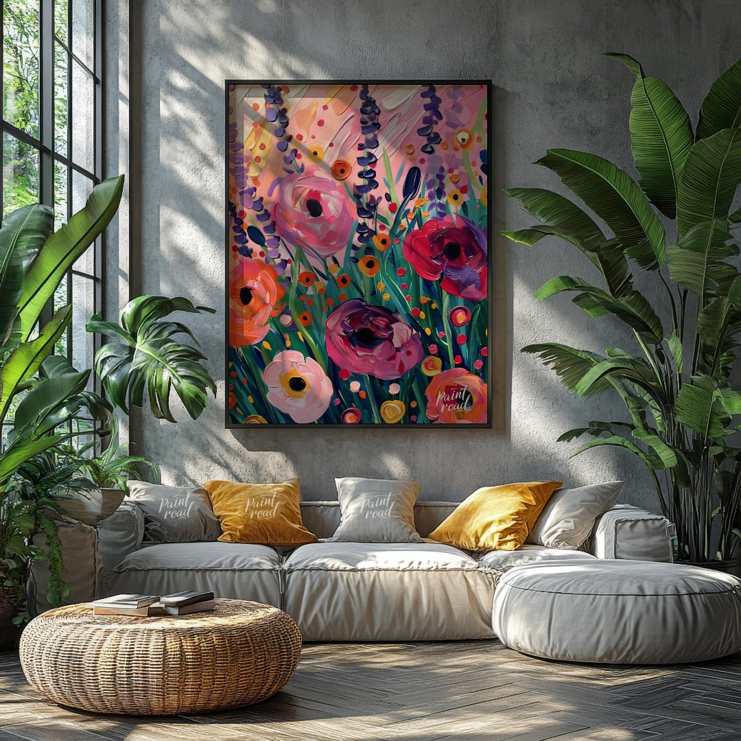 This vibrant art captures a vibrant field of poppies in full bloom. Bold brushstrokes and a rich co… for living room