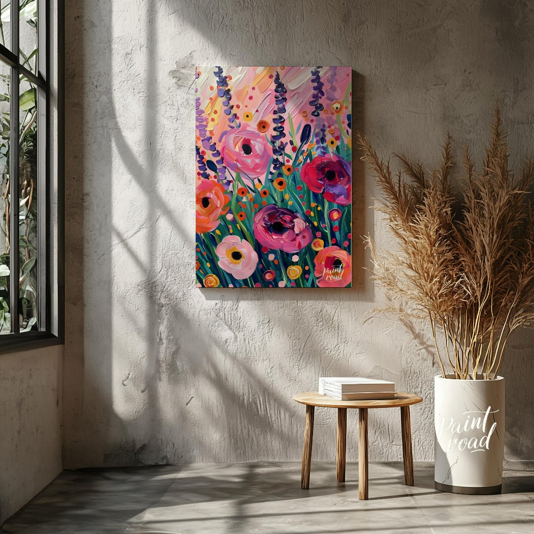 This vibrant art captures a vibrant field of poppies in full bloom. Bold brushstrokes and a rich co… for living room