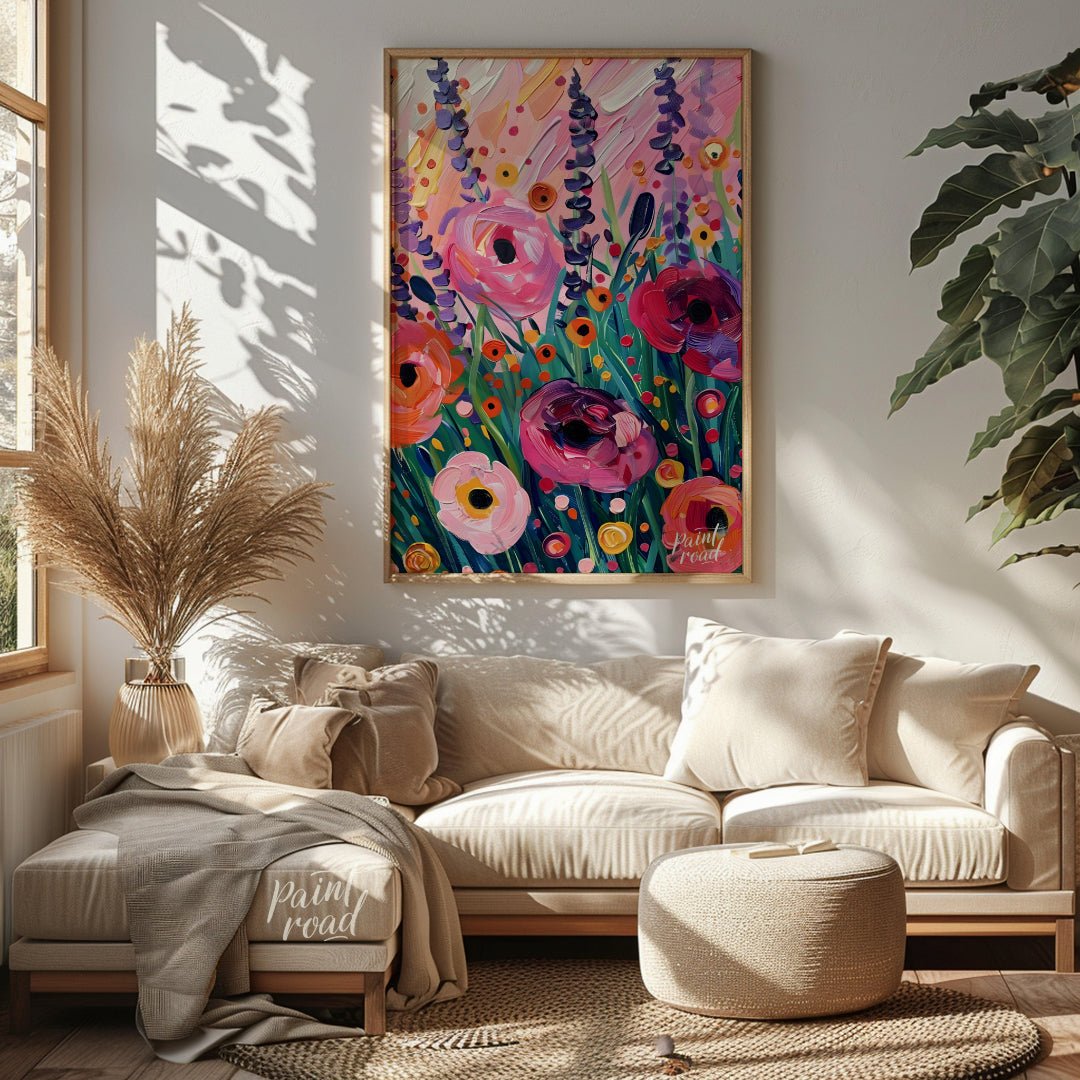 This vibrant art captures a vibrant field of poppies in full bloom. Bold brushstrokes and a rich co… for living room