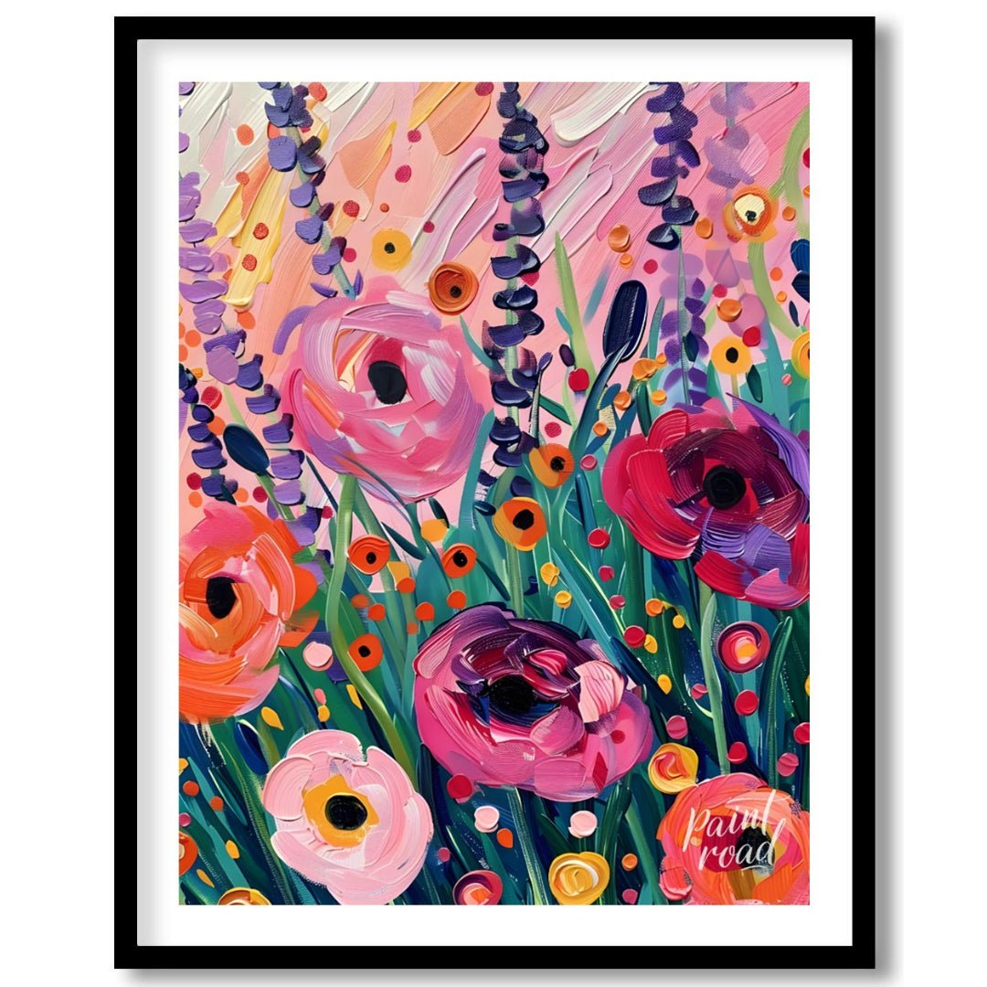 This vibrant art captures a vibrant field of poppies in full bloom. Bold brushstrokes and a rich co… for place