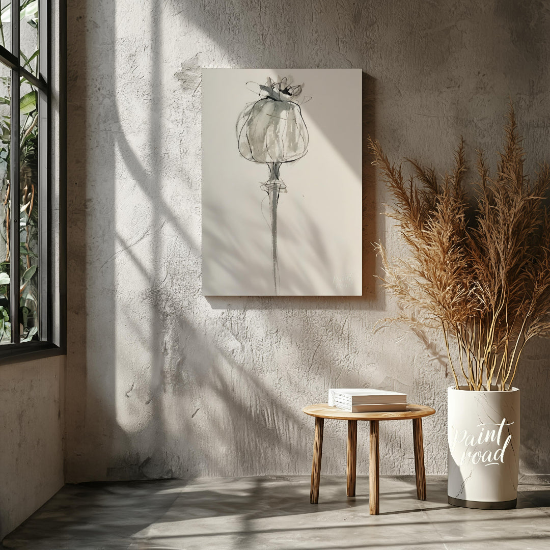"""Poppy Sketch"" presents a delicate, minimalist rendering of a poppy flower in ink on paper. The … for living room