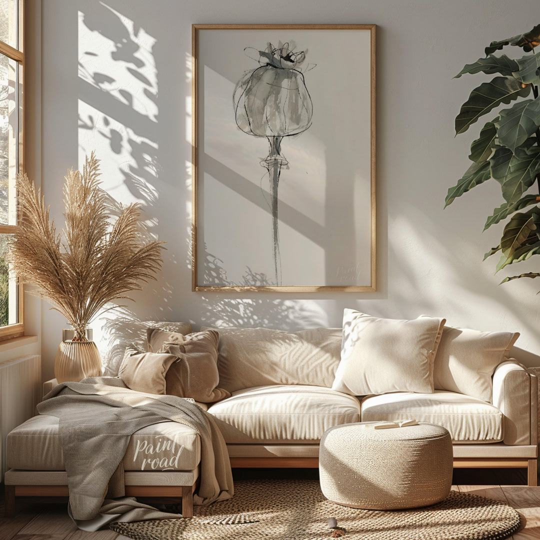 """Poppy Sketch"" presents a delicate, minimalist rendering of a poppy flower in ink on paper. The … for living room
