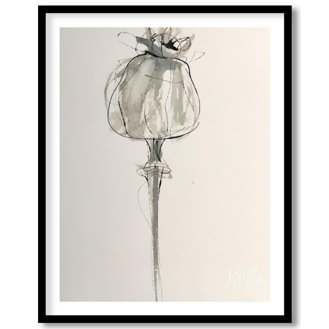 """Poppy Sketch"" presents a delicate, minimalist rendering of a poppy flower in ink on paper. The … for room