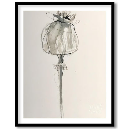 """Poppy Sketch"" presents a delicate, minimalist rendering of a poppy flower in ink on paper. The … for room