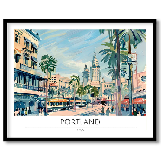 Capture the vibrant energy of a bustling city with this retro-inspired artwork of Portland. The for area