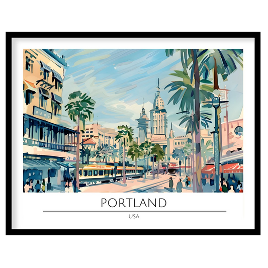Capture the vibrant energy of a bustling city with this retro-inspired artwork of Portland. The for area