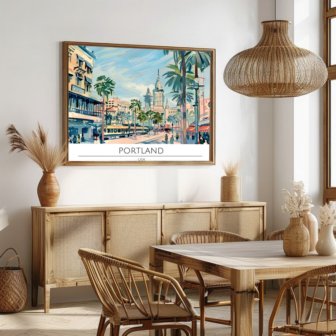 Capture the vibrant energy of a bustling city with this retro-inspired artwork of Portland. The for Dining