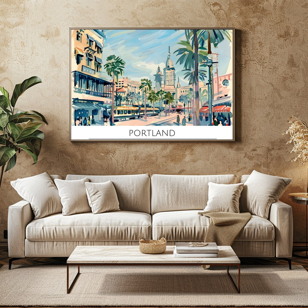 Capture the vibrant energy of a bustling city with this retro-inspired artwork of Portland. The for Family Room