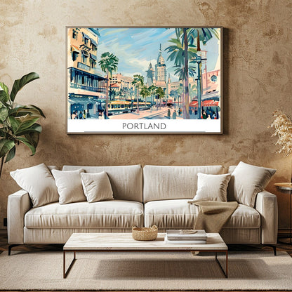 Capture the vibrant energy of a bustling city with this retro-inspired artwork of Portland. The for Family Room