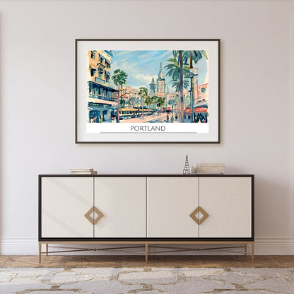 Capture the vibrant energy of a bustling city with this retro-inspired artwork of Portland. The for Foyer