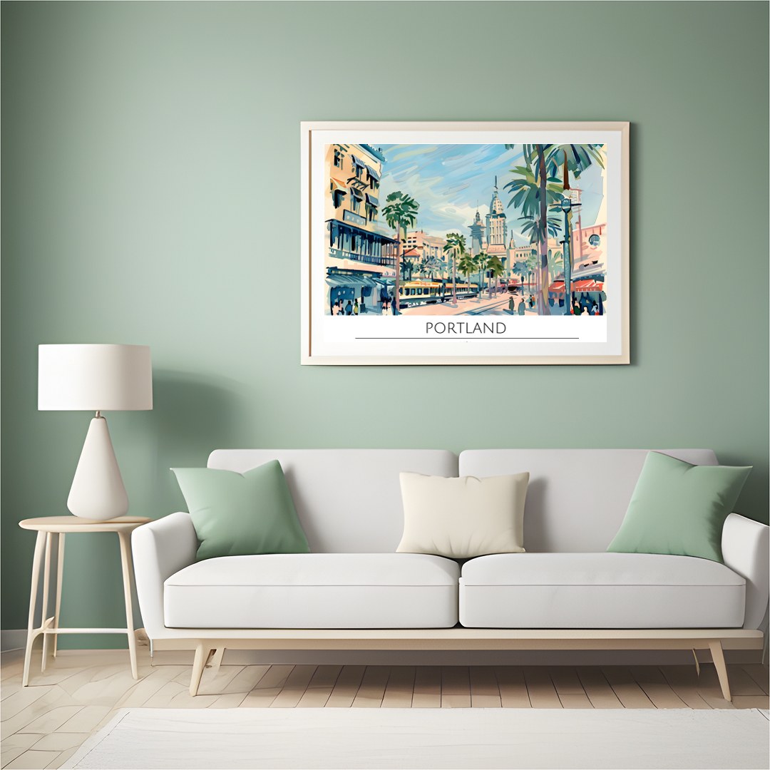 Capture the vibrant energy of a bustling city with this retro-inspired artwork of Portland. The for Hall