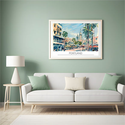 Capture the vibrant energy of a bustling city with this retro-inspired artwork of Portland. The for Hall