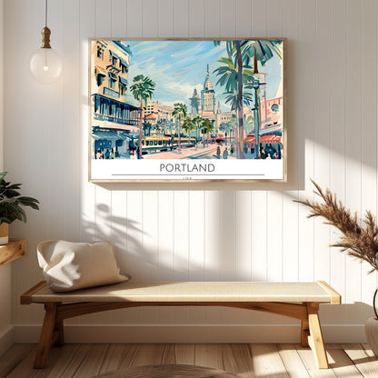 Capture the vibrant energy of a bustling city with this retro-inspired artwork of Portland. The for Hallway