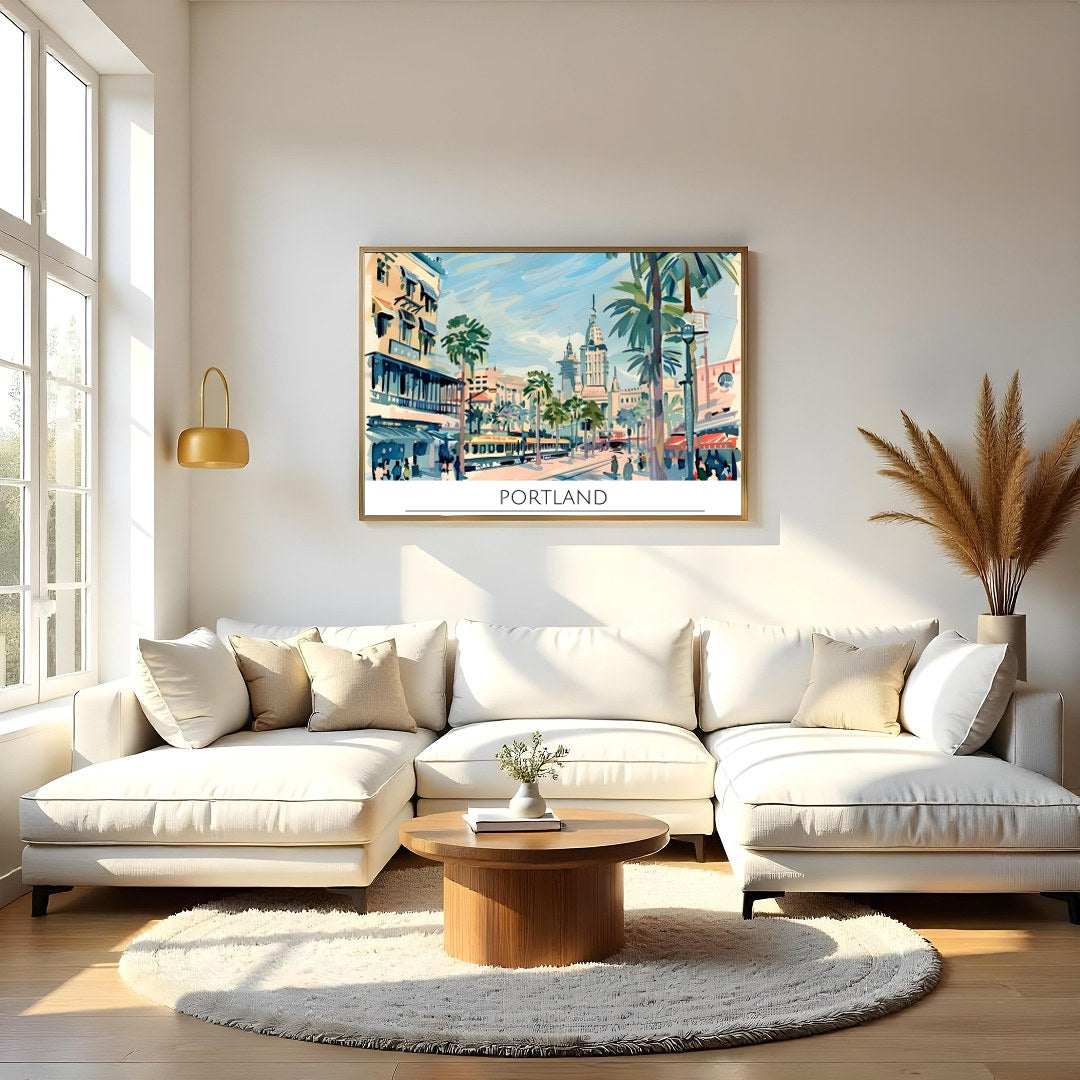 Capture the vibrant energy of a bustling city with this retro-inspired artwork of Portland. The for Living Room