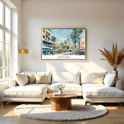 Capture the vibrant energy of a bustling city with this retro-inspired artwork of Portland. The for Living Room