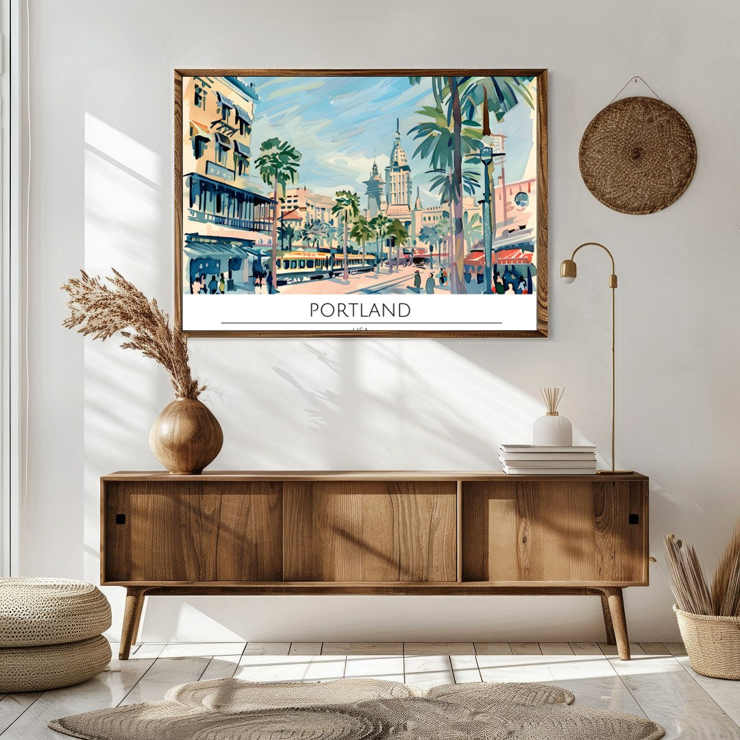 Capture the vibrant energy of a bustling city with this retro-inspired artwork of Portland. The for Sitting Area