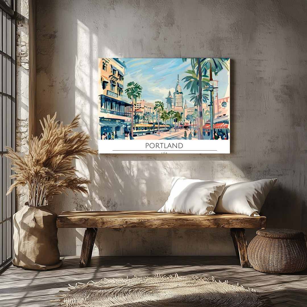 Capture the vibrant energy of a bustling city with this retro-inspired artwork of Portland. The for Veranda