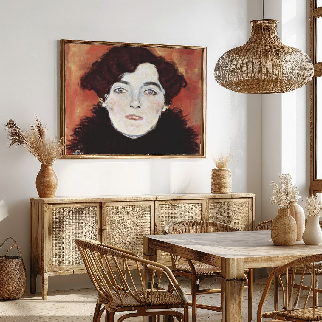 This captivating portrait captures an enigmatic expression set against a warm, copper backdrop. The for Dining