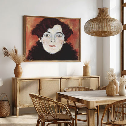This captivating portrait captures an enigmatic expression set against a warm, copper backdrop. The for Dining