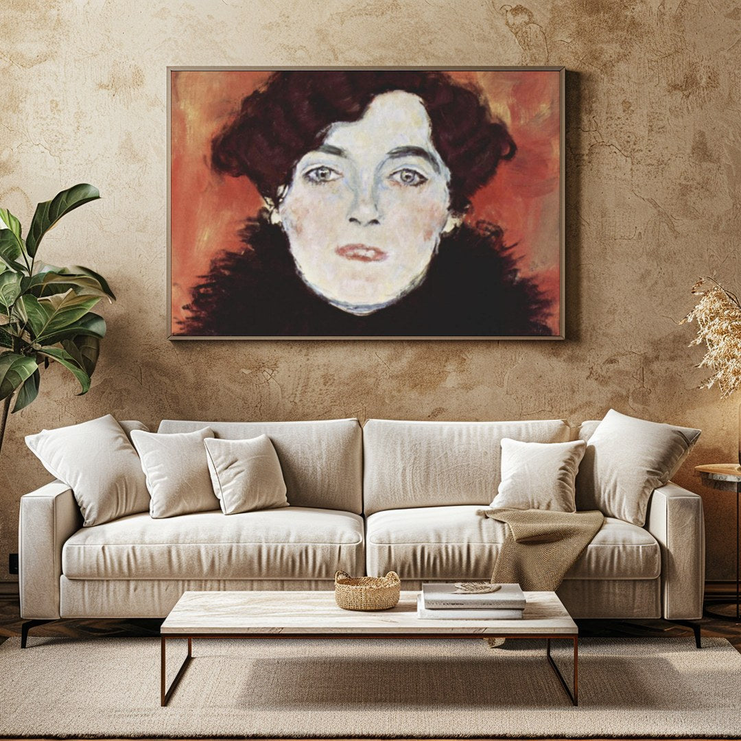 This captivating portrait captures an enigmatic expression set against a warm, copper backdrop. The for Family Room