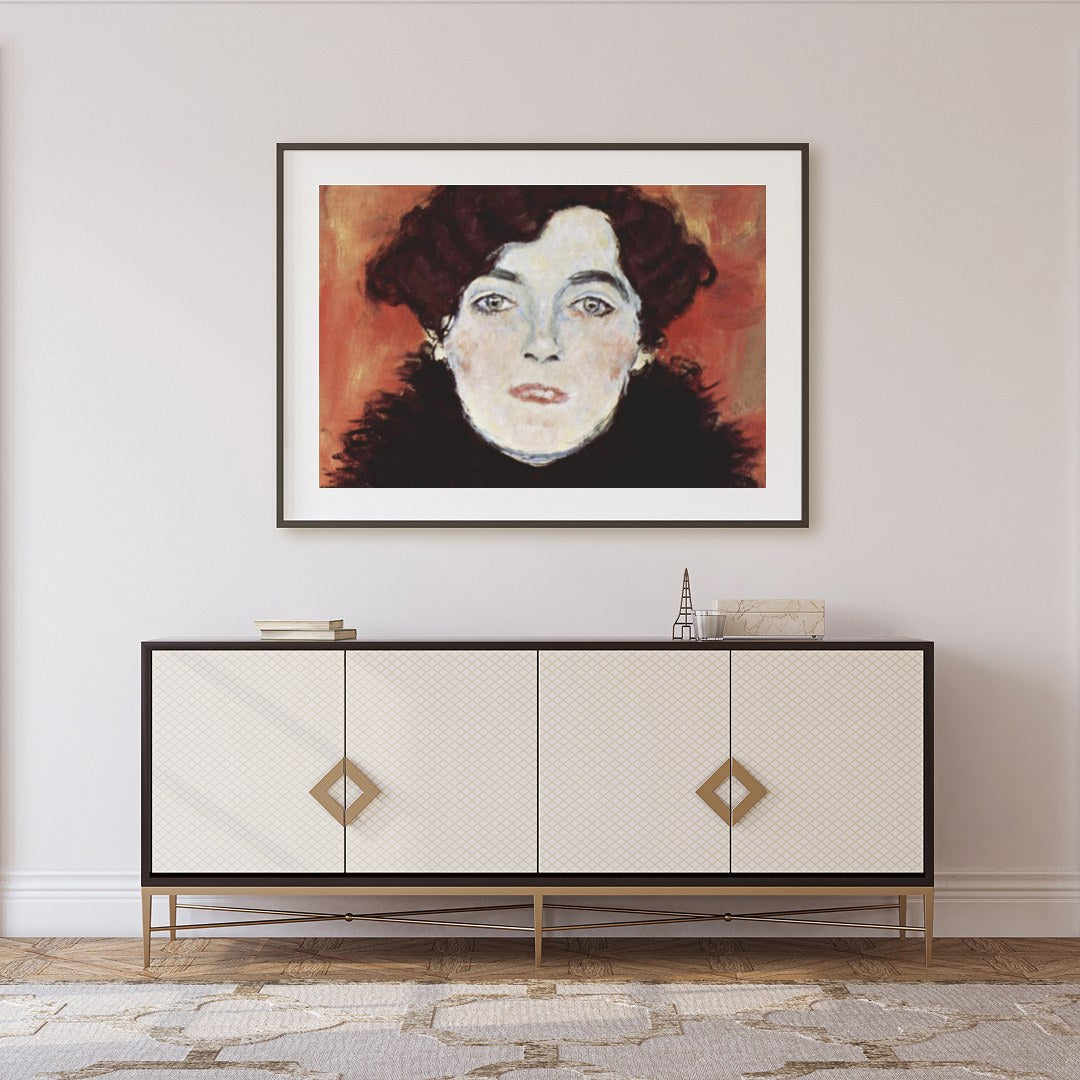 This captivating portrait captures an enigmatic expression set against a warm, copper backdrop. The for Foyer