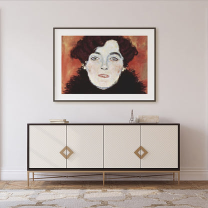 This captivating portrait captures an enigmatic expression set against a warm, copper backdrop. The for Foyer