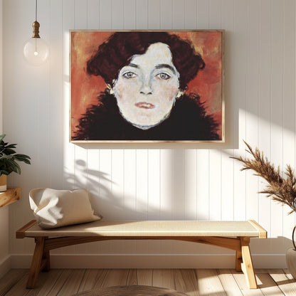 This captivating portrait captures an enigmatic expression set against a warm, copper backdrop. The for Hallway