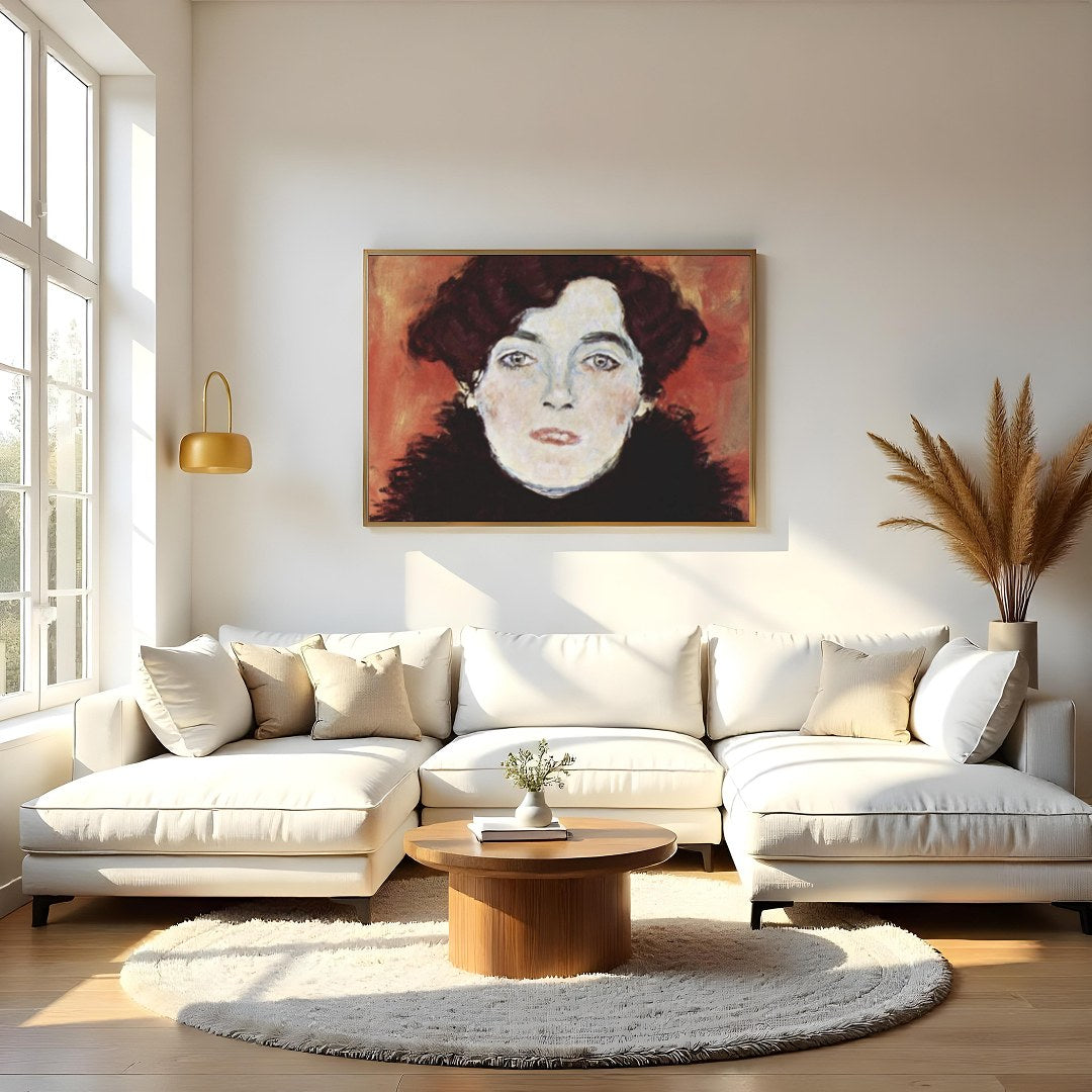 This captivating portrait captures an enigmatic expression set against a warm, copper backdrop. The for Living Room
