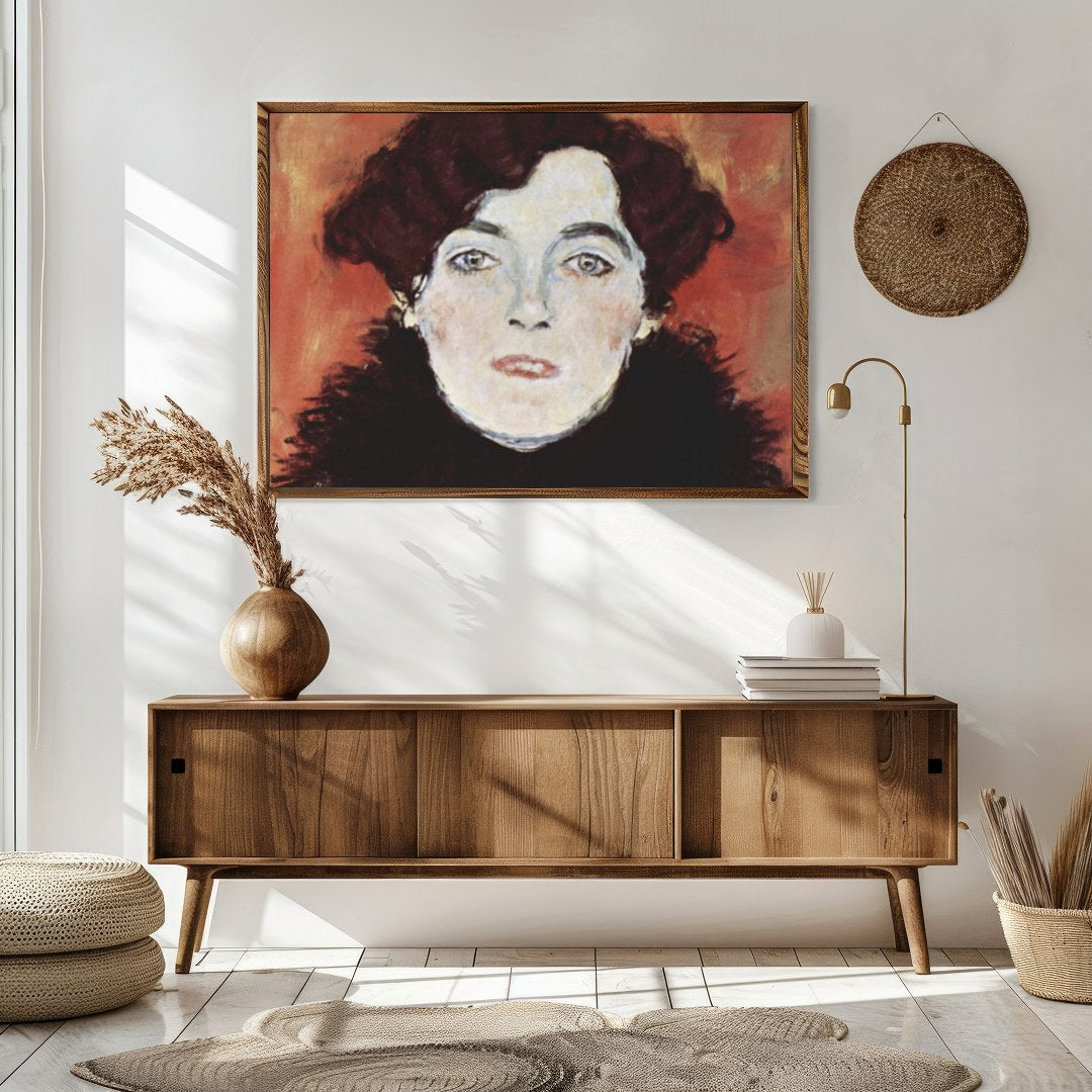 This captivating portrait captures an enigmatic expression set against a warm, copper backdrop. The for Sitting Area