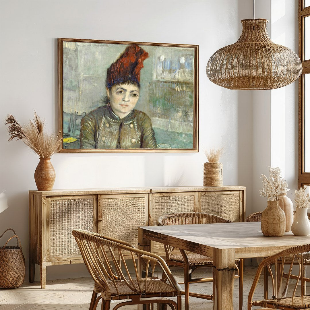 This exquisite painting captures the pensive expression of a woman seated in a café setting, for Dining