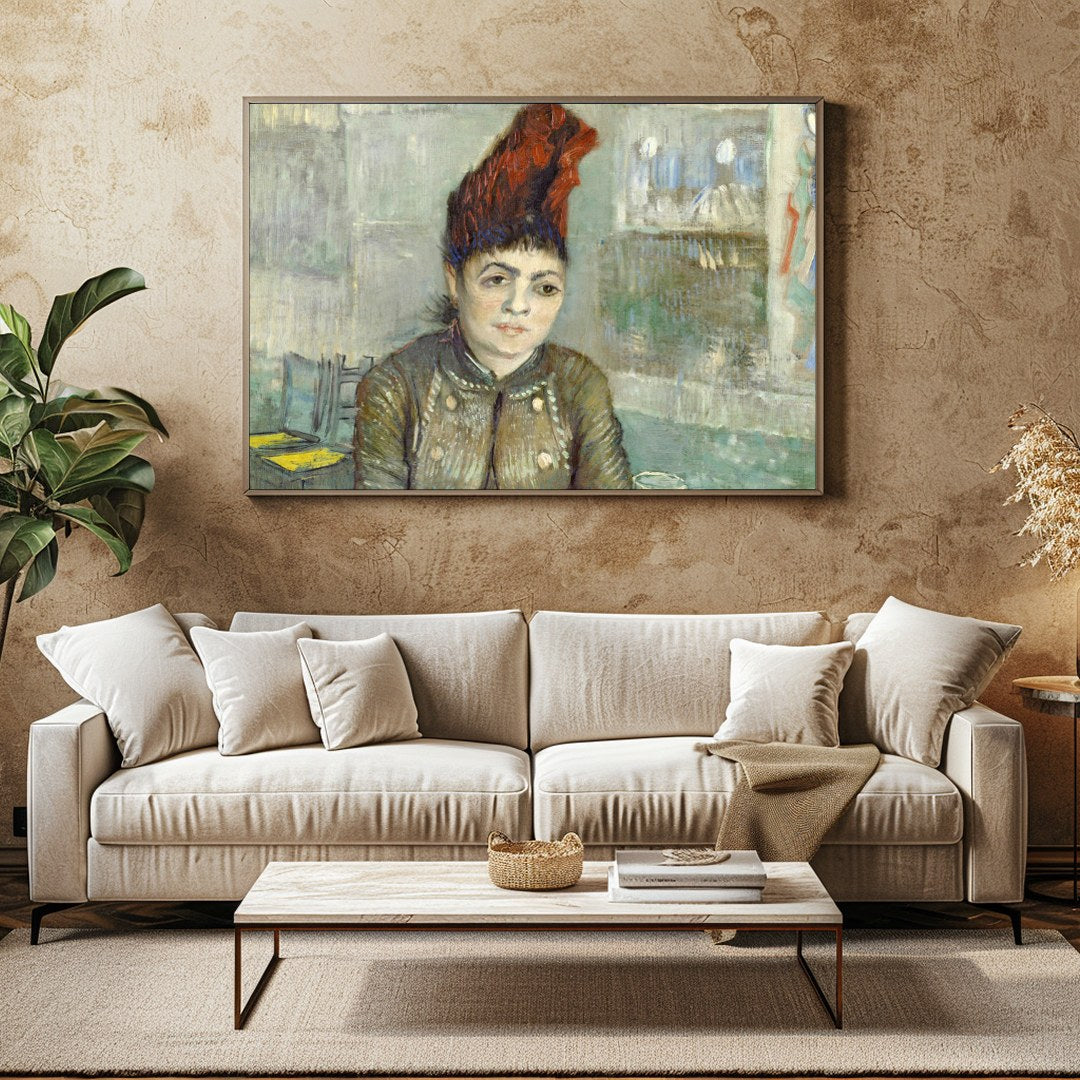 This exquisite painting captures the pensive expression of a woman seated in a café setting, for Family Room