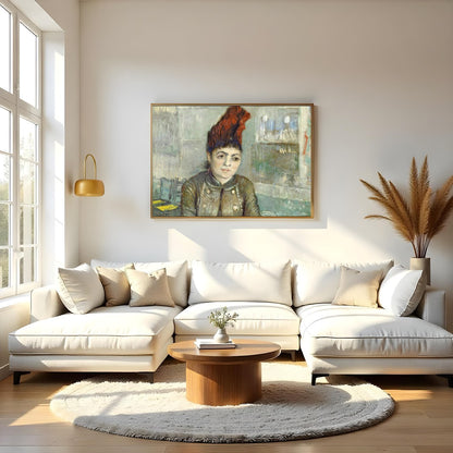 This exquisite painting captures the pensive expression of a woman seated in a café setting, for Living Room