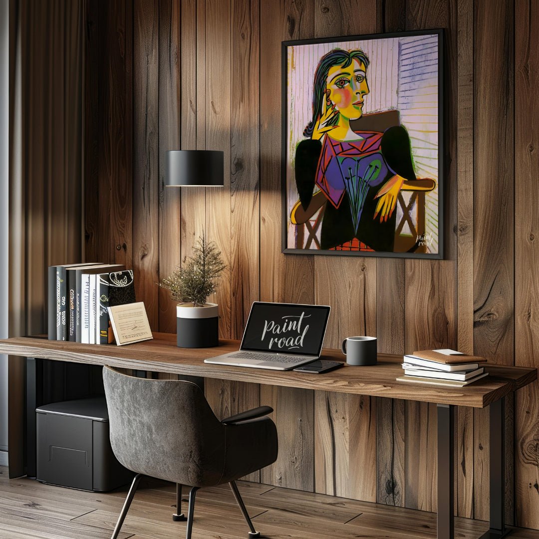 Pablo Picasso’s “Portrait of Dora Maar” is a celebrated and emotionally charged painting that vivid… for office