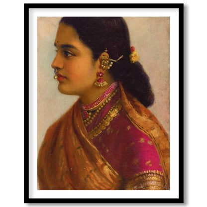 This stunning artwork captures the timeless beauty of a traditional Indian woman, adorned in for abode