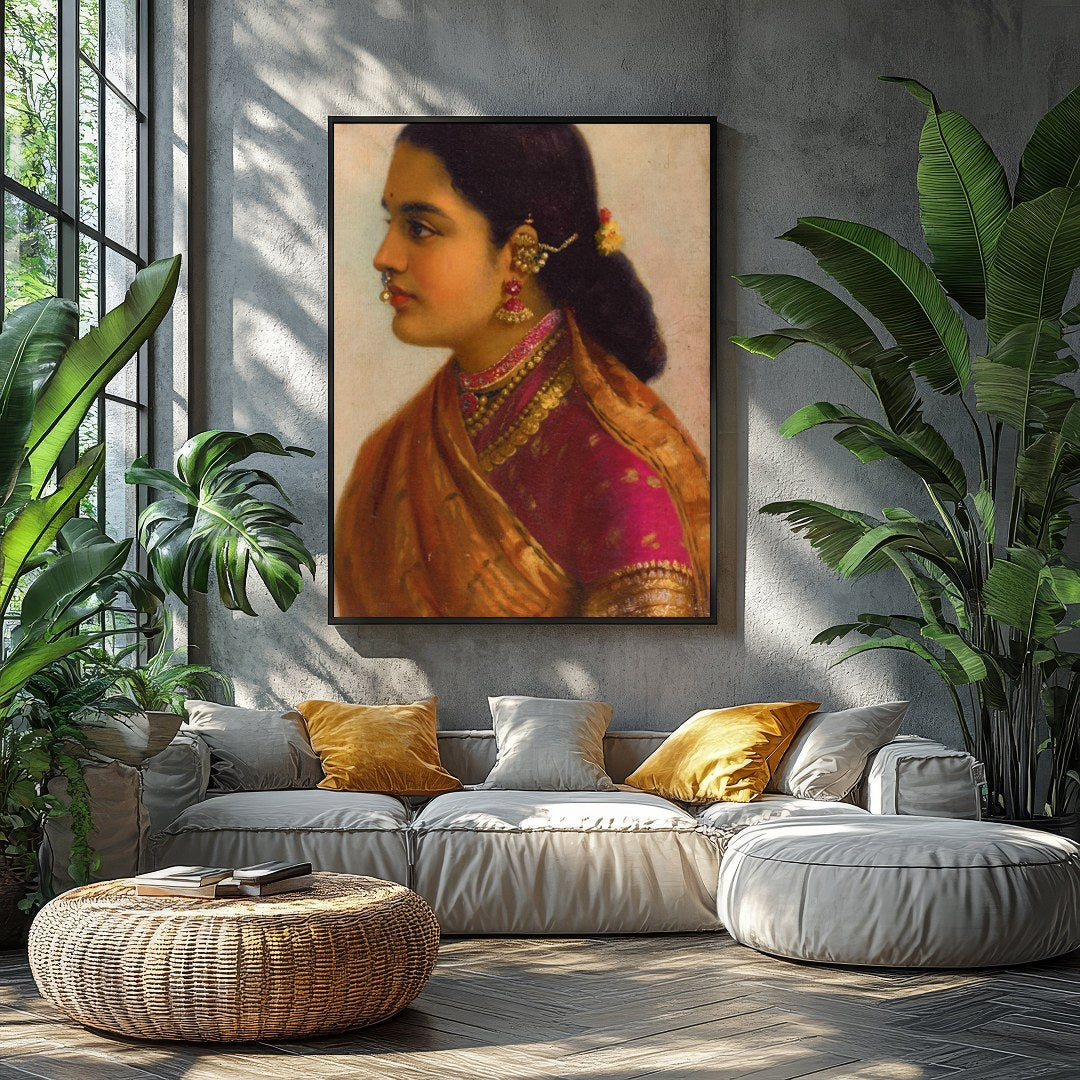 This stunning artwork captures the timeless beauty of a traditional Indian woman, adorned in for Balcony