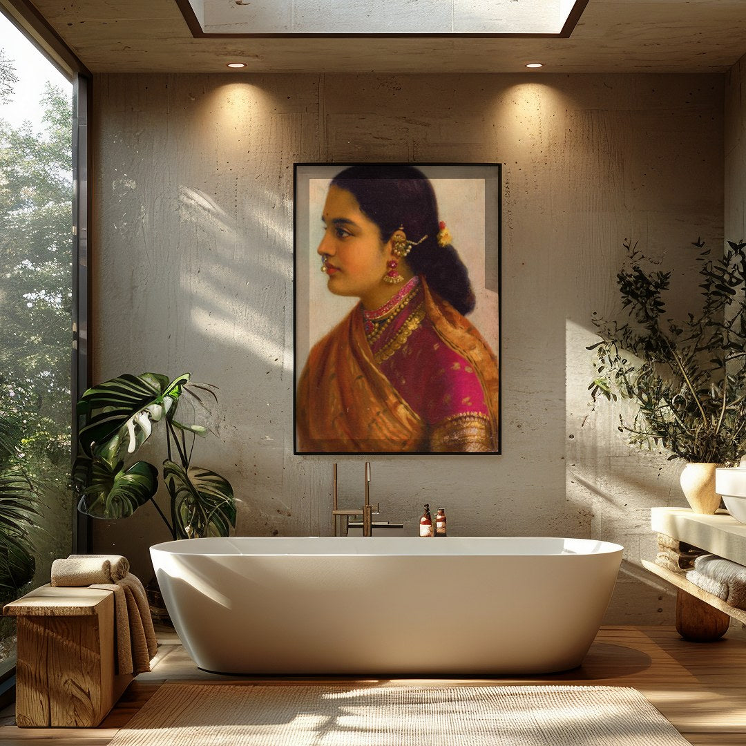 This stunning artwork captures the timeless beauty of a traditional Indian woman, adorned in for Bathroom