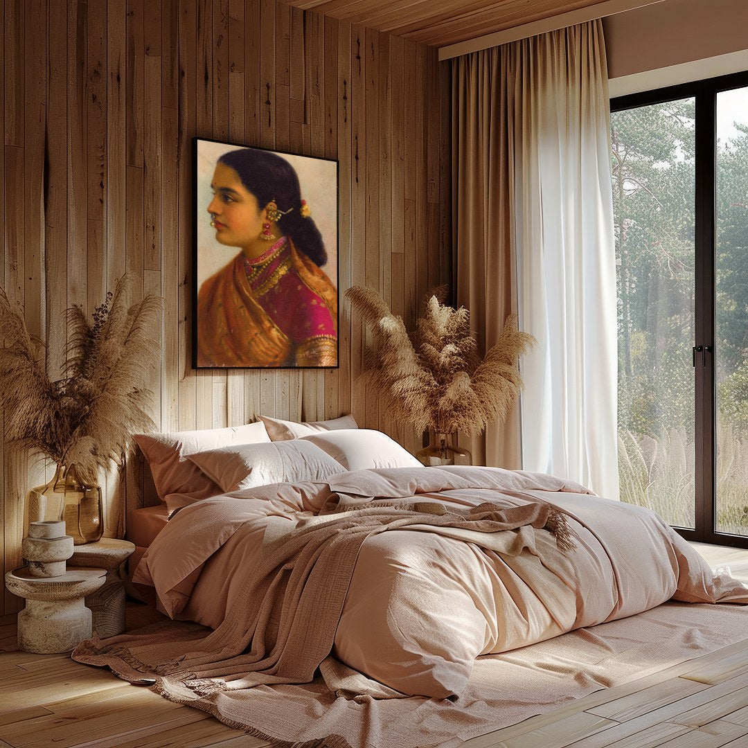 This stunning artwork captures the timeless beauty of a traditional Indian woman, adorned in for Bedroom