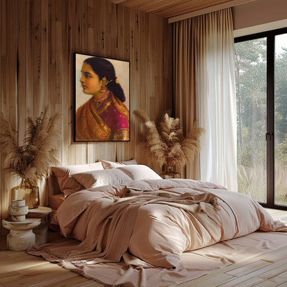 This stunning artwork captures the timeless beauty of a traditional Indian woman, adorned in for Bedroom